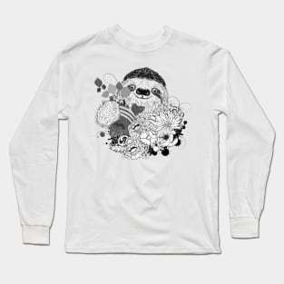 Drawing of a sloth with lush flowers Long Sleeve T-Shirt